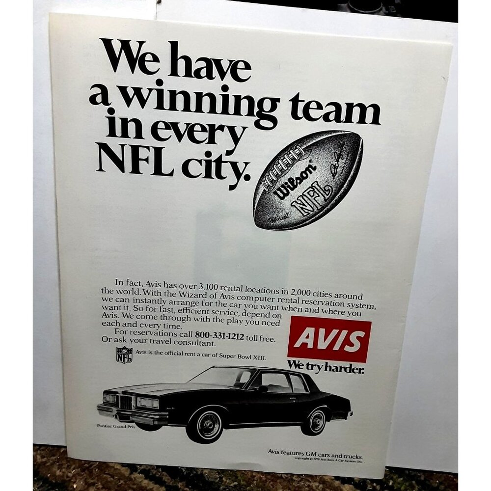1978 Avis Car Rental Pontiac Grand Prix Wilson NFL Football Original Print Ad
